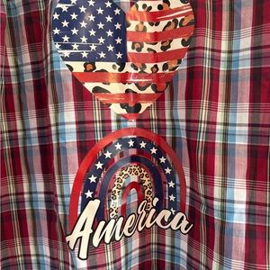 Red white and blue one of a kind Plaid Button Down Shirt with American Heart